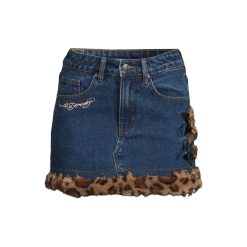 Leo Fur Trim Denim Mini Skirt