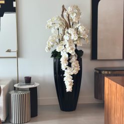 San Jose Planter in Glossy Black with Cascading White Orchids