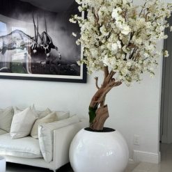 Glossy White Globe with Custom Made Cherry Blossom Tree