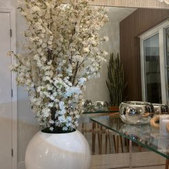 30″ Glossy White Globe Planter with White Cherry Blossom Branches