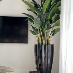San Jose Fluted Planter in Glossy Black with Birds of Paradise