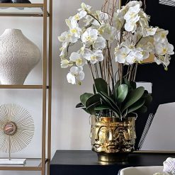 Medium Polished Gold Visage Vase with Orchids