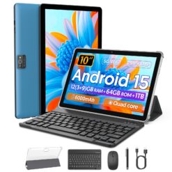 A 10-inch Android tablet with a 15-inch screen, 12 (3+9)GB RAM, 64GB ROM + 1TB expandable memory, 1280*800 IPS, 2.0MP + 8.0MP cameras, 6000mAh battery, system upgrade, tablet with keyboard, mouse, stylus, and protective case, high productivity, tech