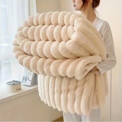 Ultra-Soft Faux Rabbit Fur Throw Blanket - Lightweight All-Season Cozy Bedspread & Couch Cover, u002F Striped Plush Bedspread for Bed, Travel, Camping, Hiking - Machine Washable Rabbit-Light -Like Texture (No Animal Sourcing)