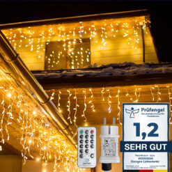 Outdoor LED Icicle Light Chain, WOWDSGN Icicle Light Chain with Timer, 8 Modes, Power-Driven, Warm White, Various Lengths (10M, 15M), Curtain Lights for Christmas, Roof Edge, Roof Gutter, Terrace, Balcony, IP44.